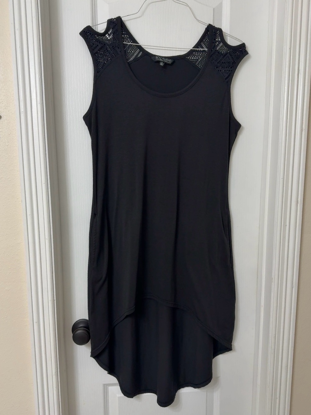 Rocawear black sleeveless dress lace shoulders high low hem pockets size S